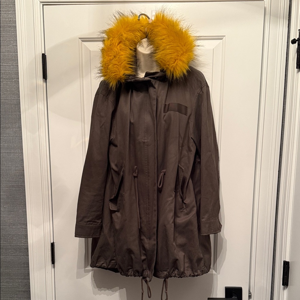 Zara Army Green Jacket with Yellow Faux Fur Trim
